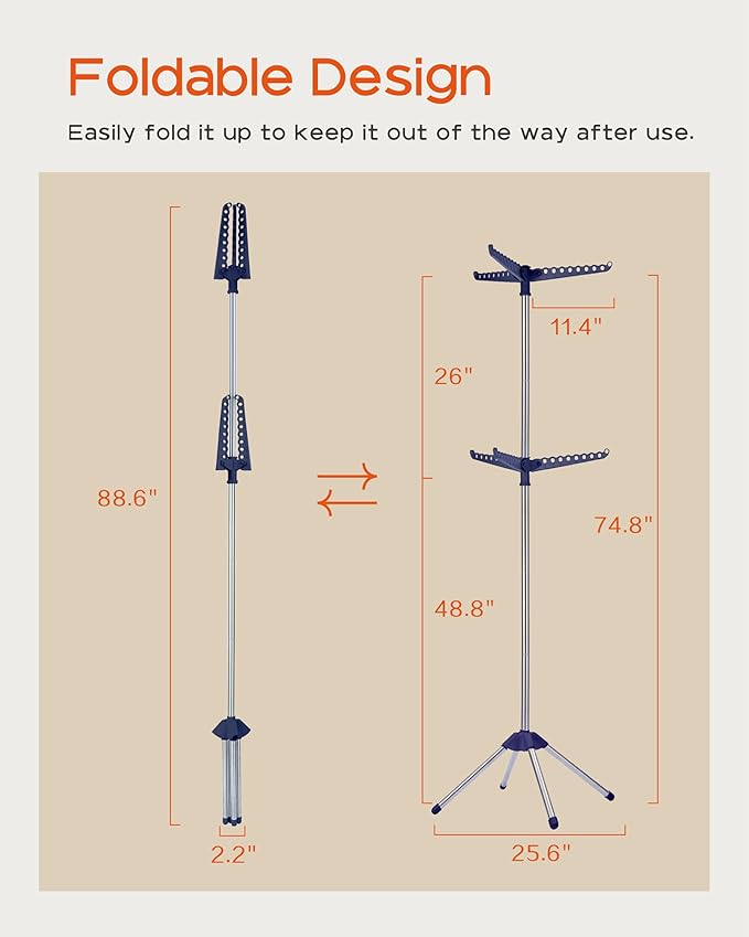 Clothes Drying Rack Foldable, 74.8 inch 2 Tier Laundry Drying Rack with Rotating Clothes Rail for 54 Pieces of Clothes, Space Saving, Indoor, Stainless Steel, Blue and Silver CDR002Q01-CubbioJoy