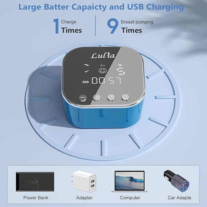 Double Electric Breast Pump Strong Suction, Portable Breast Pump Electric Breastfeeding Pump, Rechargeable Milk Pump with 4 Modes & 9 Levels, Low Noise, Anti-Backflow & LED Display, 24mm Flange, Blue-CubbioJoy