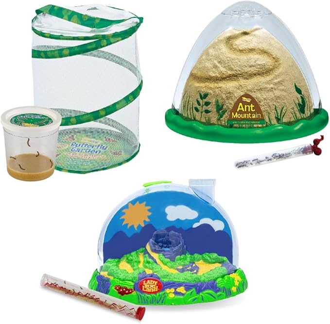 Insect Lore Bug Camp Bundle - Butterfly Kit with 5 Live Caterpillars, Ladybug Land with 1 Tube Live Larvae, Ant Mountain with 1 Tube Live Western Harvester Ants - Bonus Life Cycle Figurines & More-CubbioJoy