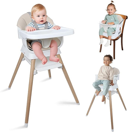 9 in 1 Convertible Baby High Chair with Booster, Wooden Highchair for Babies and Toddlers with Adjustable Tray & 5-Point Harness, Multi-Functional Growing Seat for Feeding, Learning & Play, Beige-CubbioJoy