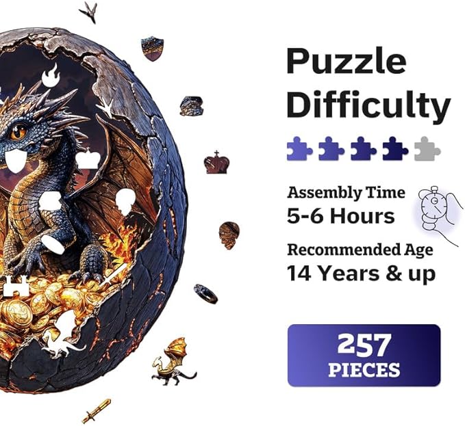 Jigfoxy Wooden Puzzle for Adults, Hatchling Dragon Wooden Jigsaw Puzzles for Adults, Unique Animal Shape Wood Cut Puzzles for Family Friend Puzzle Lovers(L-13.5 * 11.2in-257pcs)-CubbioJoy