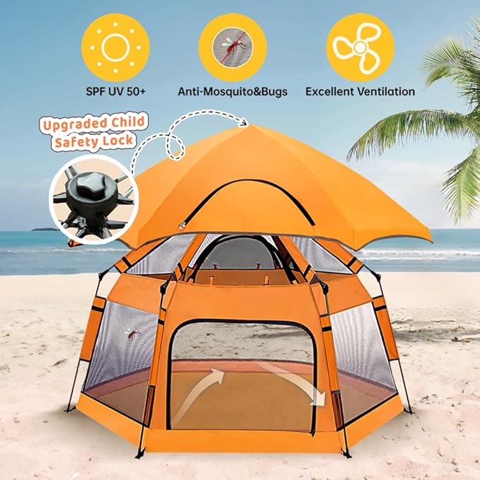 Baby Pop Up Playpen with Canopy, Pop Up Baby Pop Up Tent with Safety Lock, Portable Toddler Play Yard with Travel Bag, 6 Ground Stakes, 6 Sand Stakes-CubbioJoy