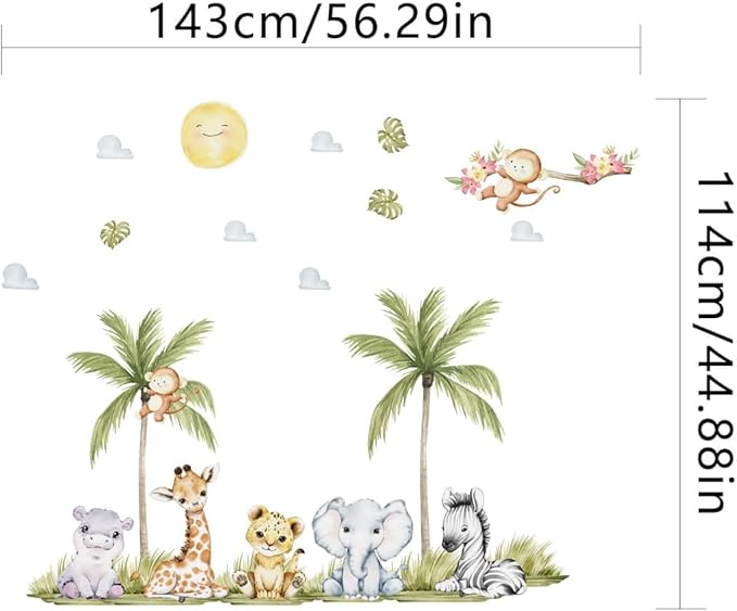 56.29 x 44.88 Inch Watercolor Animal Wall Decals - Jungle Stickers With Tiger, Elephant, Zebra, Giraffe, Monkey, Hippo for Baby Nursery, Bedroom, Classroom, Kindergarten Decor-CubbioJoy