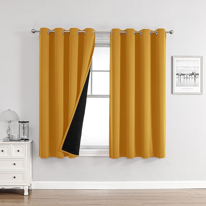 ChrisDowa 100% Blackout Curtains for Bedroom with Black Liner, 2 Thick Layers Total Blackout Thermal Insulated Grommet Window Curtains 2 Panels Set (Mustard Yellow, 52 x 63 Inch)-CubbioJoy