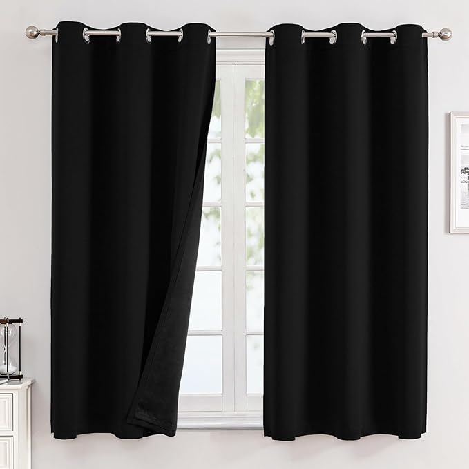 ChrisDowa 100% Blackout Curtains for Bedroom with Black Liner, 2 Thick Layers Total Blackout Thermal Insulated Grommet Small Window Curtains 2 Panels Set (Black, 42 x 45 Inch)-CubbioJoy