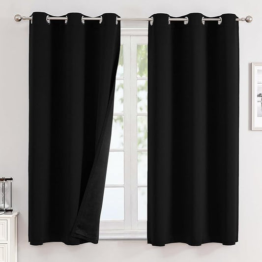 ChrisDowa 100% Blackout Curtains for Bedroom with Black Liner, 2 Thick Layers Total Blackout Thermal Insulated Grommet Small Window Curtains 2 Panels Set (Black, 42 x 45 Inch)-CubbioJoy