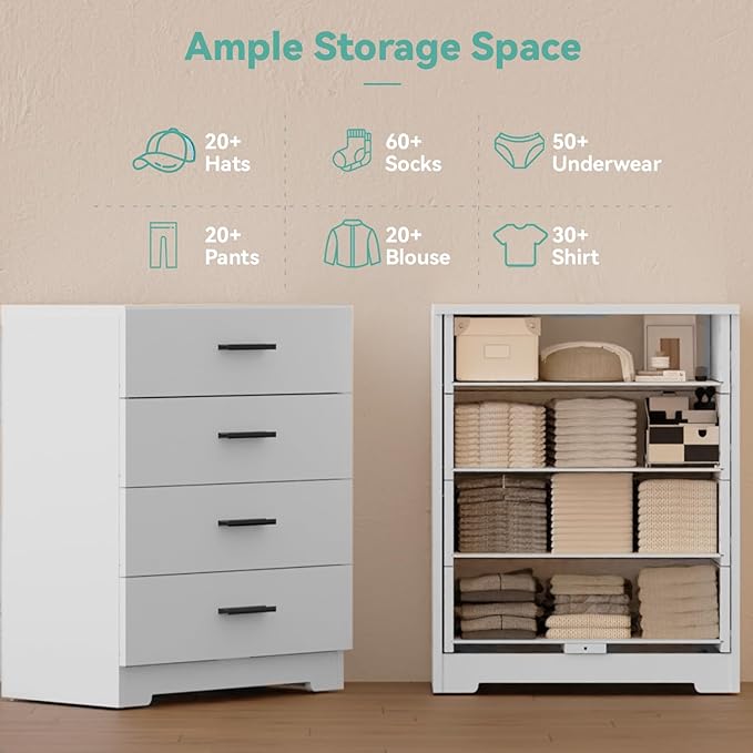 Dresser with Power Outlets Wooden 4 Drawer Dresser with USB and Type C Port Chest of Drawers for Bedroom Tall White Organizer Storage for Living Room Hallway Closet-CubbioJoy