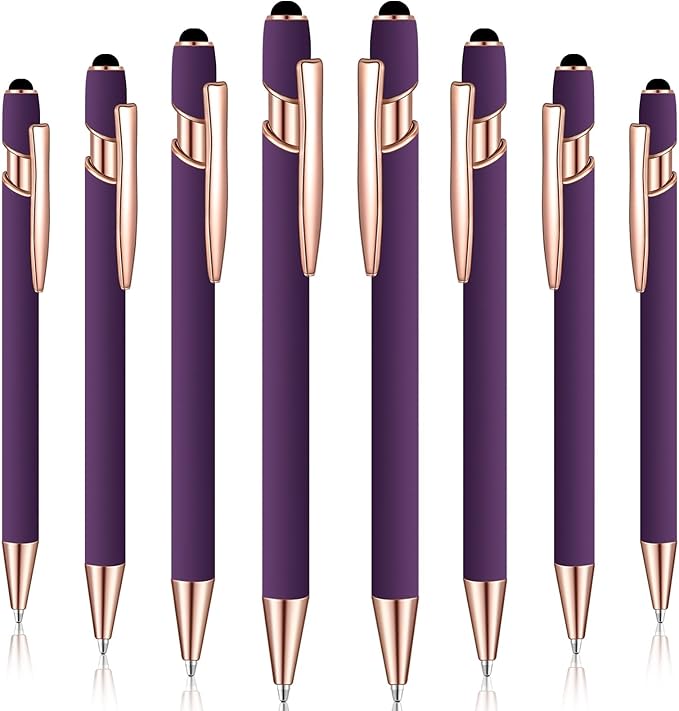 8 Pieces Ballpoint Pen with Stylus Tip Black Ink 2 in 1 Stylus Metal 1.0 mm Medium Point Smooth Pen Rainbow Colorful Rubberized Ballpoint for Touch Screen Tablet(Purple)-CubbioJoy