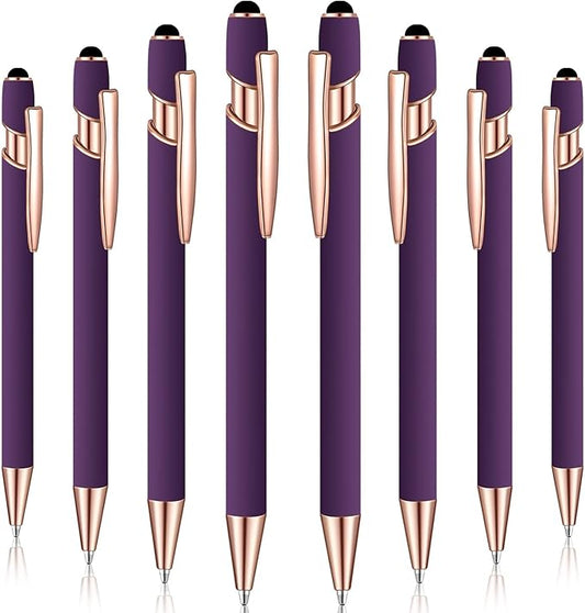 8 Pieces Ballpoint Pen with Stylus Tip Black Ink 2 in 1 Stylus Metal 1.0 mm Medium Point Smooth Pen Rainbow Colorful Rubberized Ballpoint for Touch Screen Tablet(Purple)-CubbioJoy