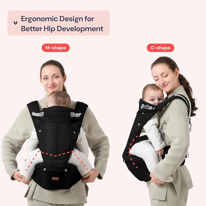 BabbleRoo Grow Carrier – Safety-Certified 6-in-1 Baby Carrier with Hip Seat, Ergonomic & Adjustable Toddler Carrier 7-50 lbs with Hip Support, Hood for Sun Protection, Newborn to Toddler, Black-CubbioJoy