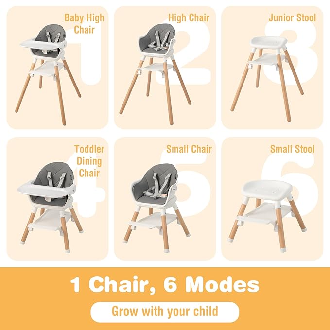 BABY JOY Baby High Chair, 6 in 1 Convertible Wooden High Chair for Babies & Toddlers with Adjustable Legs, Double Removable Tray, Safety Harness & Waterproof PU Cushion (White)-CubbioJoy