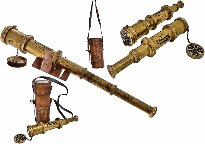 Antique Brass Pirate Telescope Camping Accessories Telescope for Adults Marine Sailor's Spyglass, 18 inch Brass Made w High Resolution Magnification w Brown Leather Case Nautical Gift-CubbioJoy