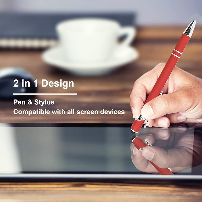 Ballpoint Pen with Stylus Tip, Soft Touch Click Metal Pen, 1.0mm Medium Point, Black Ink, 12 Count(Red)-CubbioJoy