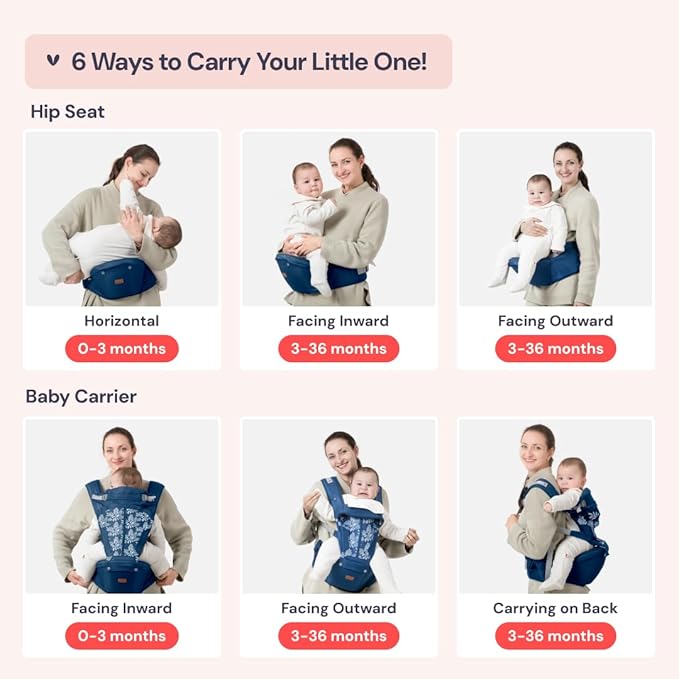 BabbleRoo Grow Carrier – Safety-Certified 6-in-1 Baby Carrier with Hip Seat, Ergonomic & Adjustable Toddler Carrier 7-50 lbs with Hip Support, Hood for Sun Protection, Newborn to Toddler, Denim Leaves-CubbioJoy