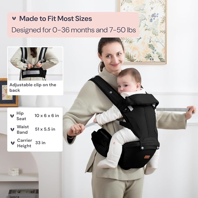 BabbleRoo Grow Carrier – Safety-Certified 6-in-1 Baby Carrier with Hip Seat, Ergonomic & Adjustable Toddler Carrier 7-50 lbs with Hip Support, Hood for Sun Protection, Newborn to Toddler, Black-CubbioJoy