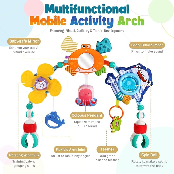 Baby Stroller Car Seat Toys,Adjustable Crib Mobile Activity Arch Toys with Sound Toy and Baby Hanging Toys,Sensory Play Travel Bouncer Bassinet Toy for Toddler Boy Girl 0 3 6 9 12 24 Month-CubbioJoy