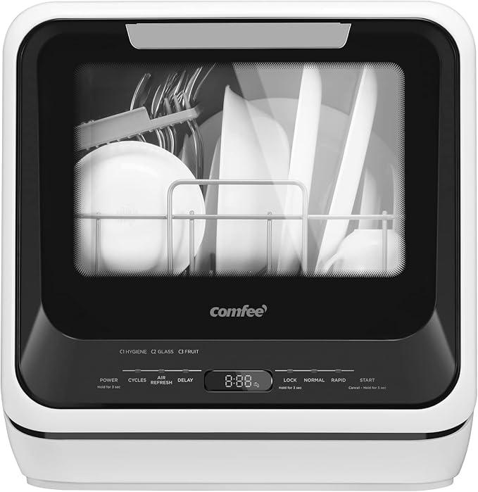 COMFEE' Portable Mini Dishwasher Countertop with 5L Built-in Water Tank for Apartments& RVs, No Hookup Needed, 6 Programs, 360° Dual Spray, 162℉ High-Temp& Air-Dry Function-CubbioJoy