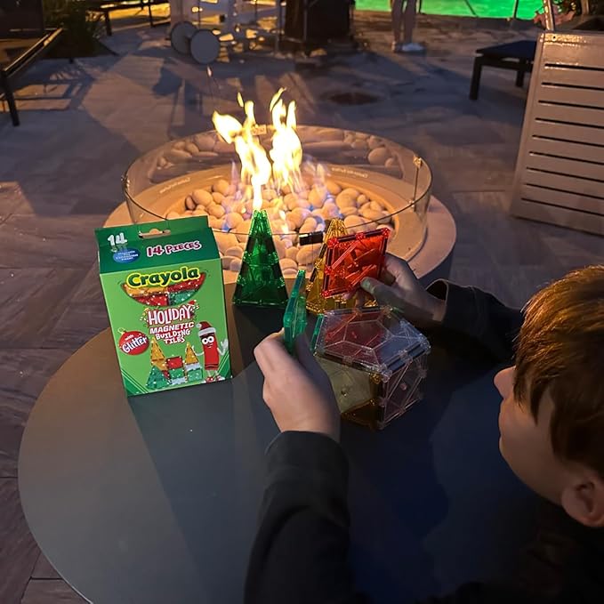 CreateOn Crayola Holiday Glitter Magnetic Tiles, Building Set for Kids, Magnetic Building Toys for Kids, STEM Travel Toys for Boys and Girls Ages 3+, 14-Piece Set (Holiday Glitter)-CubbioJoy