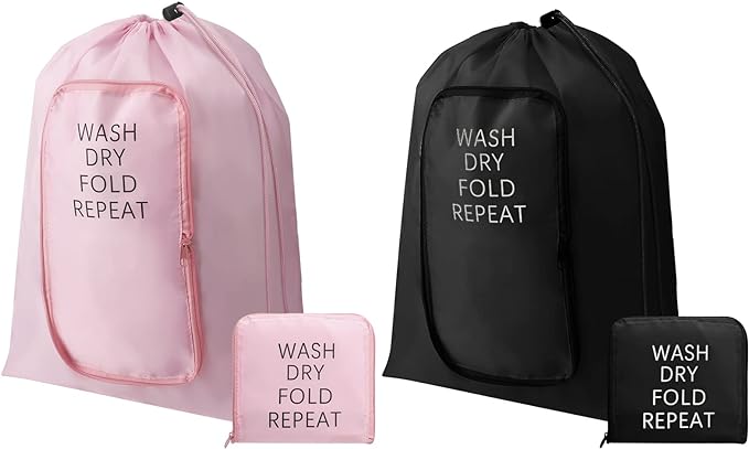 2 Pcs Travel Laundry Bag Washable Dirty Clothes Bag with Drawstring and Zipper for Suitcase, 22 x 18 Inch (Pink, Black,Classic)-CubbioJoy
