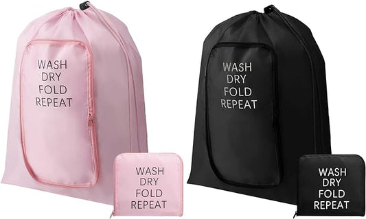 2 Pcs Travel Laundry Bag Washable Dirty Clothes Bag with Drawstring and Zipper for Suitcase, 22 x 18 Inch (Pink, Black,Classic)-CubbioJoy
