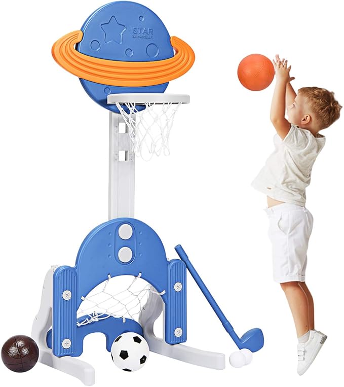 Costzon Kids Basketball Hoop, Toddler Sports Activity Center w/ 5 Adjustable Height Levels, Basketball Soccer Golf Game Set, Indoor Outdoor Basketball Hoop Set Gift for Baby Infant-CubbioJoy