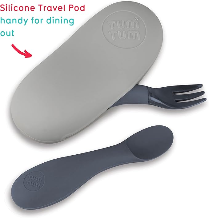 Baby Cutlery Set With Case, Spoon & Fork for Self Feeding, Silicone, 6 Months Plus (Grey)-CubbioJoy