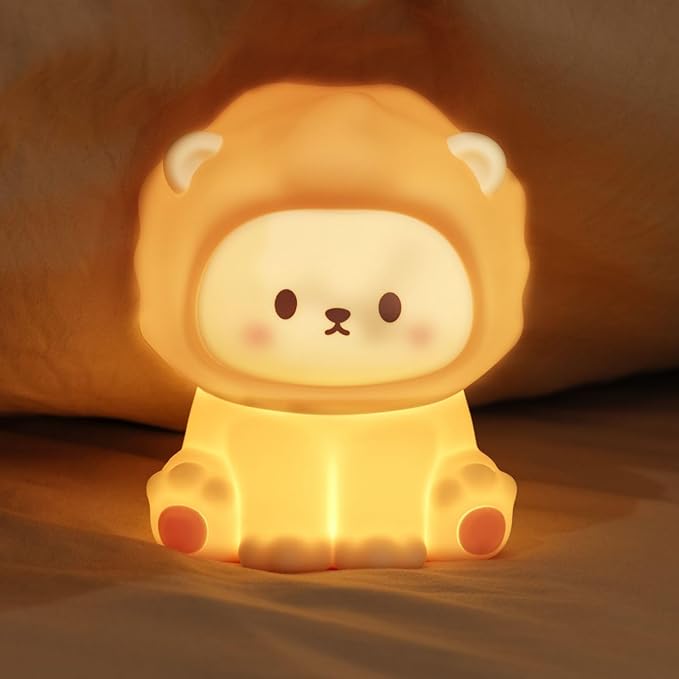 Cute Lion Night Light for Kids, Rechargeable Nursery Lamp with Timer, 3 Brightness Levels & Warm Light, Soft Silicone Baby Night Light, Tap Control, Gift for Toddlers-CubbioJoy