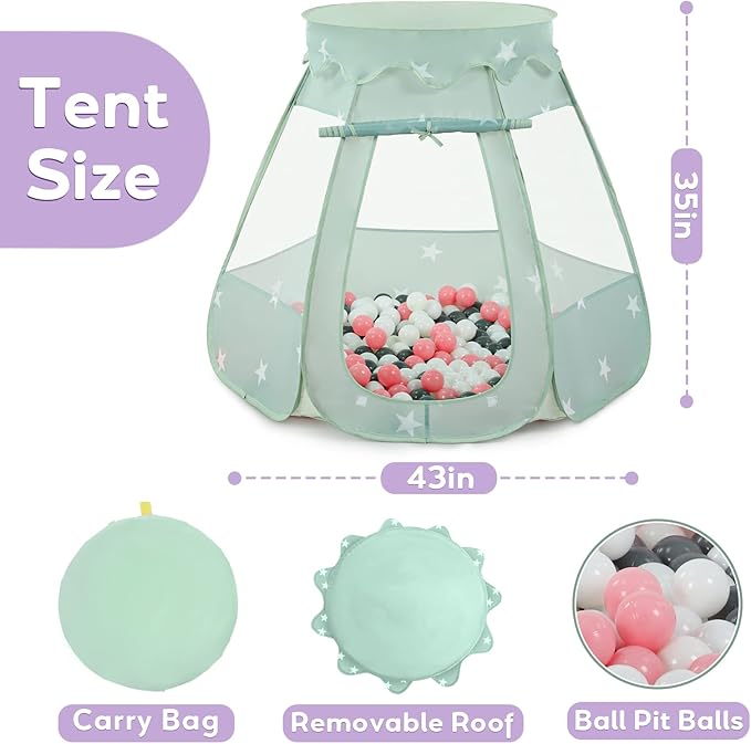 Baby Ball Pit for Toddler with 150 Balls, Kids Pop Up Play Tent for Girls, Princess Toys for Children Indoor & Outdoor Playhouse with Carry Bag (Celadon: Pink/White/Gray, 109x90cm/150 Balls)-CubbioJoy