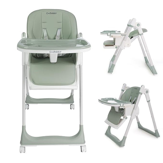 3-in-1 Foldable High Chair for Babies & Toddlers – Adjustable Height, Reclining Seat, 5-Point Safety Harness, Removable Tray, Lockable Wheels, Washable Cushion – Portable & Easy Clean, Green-CubbioJoy