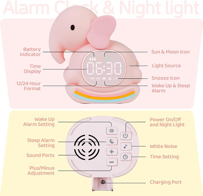 Alarm Clock for Kids with Night Light, Sleep Training Clock Time to Wake Clock, Rechargeable Silicone Light for Bedroom, Perfect Sleep Companion for Boys Girls, Pink Elephant-CubbioJoy