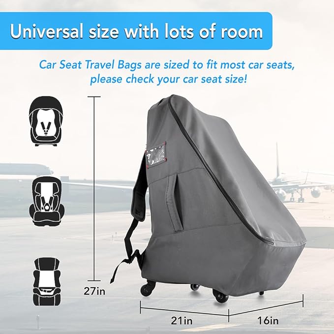 Car Seat Travel Bag with Wheels Heavy Duty Water-resistant Protective Cover for Airplane Travel & Rolling Design, Padded Handle,Padded Adjustable Strap (Grey)-CubbioJoy