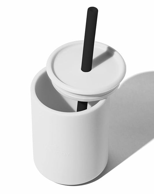 Avanchy Silicone Training Sippy Cup with Straw Lid – For Babies 6+ Months to Toddlers 1 Year Old – 8 oz Infant Water Cup for Baby Led Weaning, White-CubbioJoy