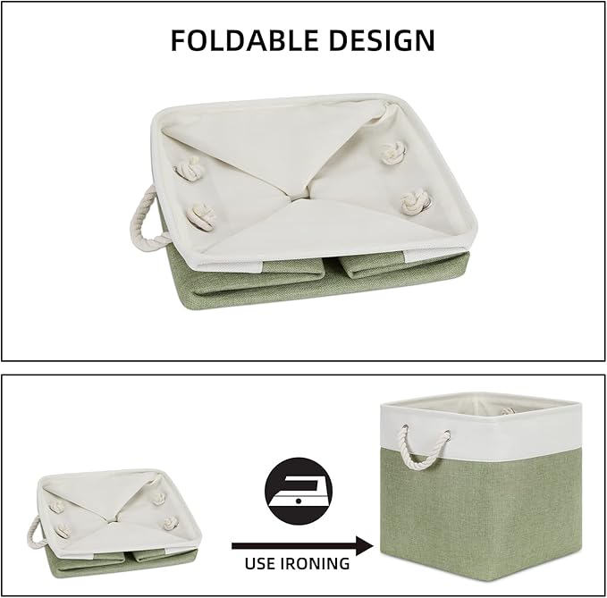 Bidtakay Cubby Storage Bins Set of 3 Fabric Baskets for Shelves Closet Drawer Organizer Storage Cubes 13x13 Collapsible Organization Baskets for Nursery Toy Shelf (White&green)-CubbioJoy