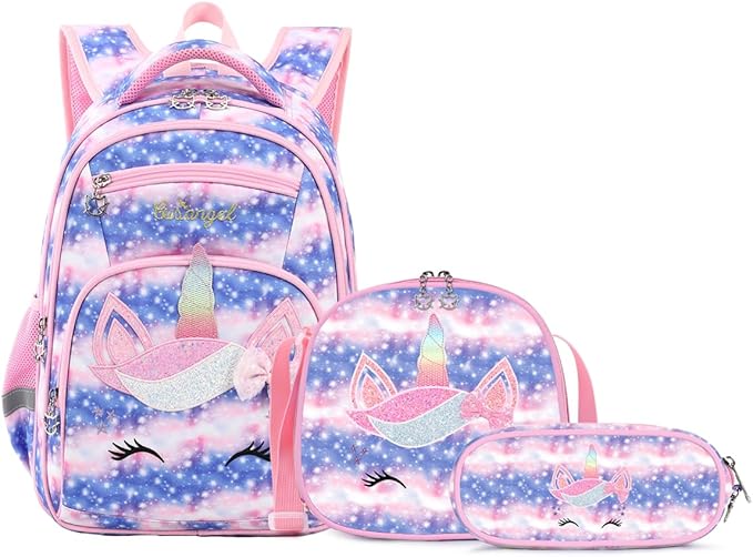 Cusangel Girls Backpack with Lunch Box Pencil Case,Cute Multi Compartment Preschool Elementary Primary Backpack for Girls Sky Unicorn 3pcs Backpack for Girls-CubbioJoy