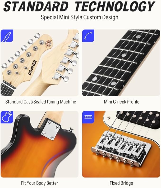 Donner 30 Inch Kids Electric Guitar Beginner Kit TL Style Mini Electric Guitar for Kids with Amp, 600D Bag, Tuner, Picks, Cable, Strap and Extra Strings, DTJ-100S, Sunburst-CubbioJoy