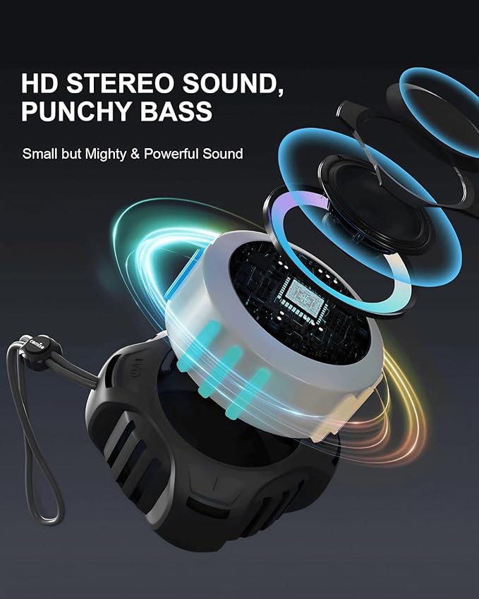 comiso Waterproof Speaker with Robust Bass, Shower Speaker with Dynamic Light, TWS Mode, Loud HD Sound, IP67 Waterproof, 2000mAh, Portable Wireless Speakers for Home, Outdoor/Kayak, Gift for Unisex.-CubbioJoy