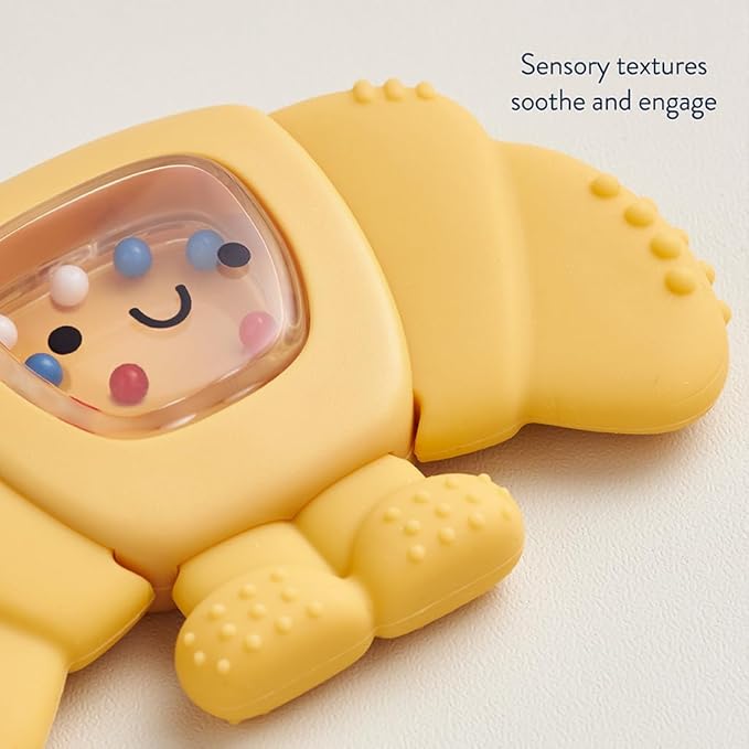 Itzy Ritzy Silicone Rattle Teether– BPA-Free Silicone Teether with Rattle for Babies & Toddlers – Features a Gentle Rattle Sound, Colorful Beads & Multiple Textures (Croissant)-CubbioJoy