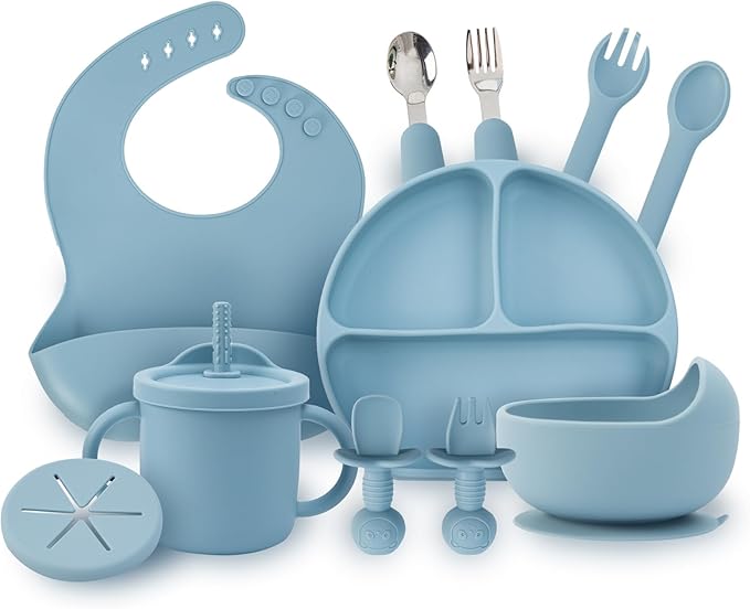 Baby Silicone Feeding Set, 13PCS Baby Self Feeding Set, Toddler Led Weaning Utensils Sets with Suction Bowl and Plate, 3 Set of Baby Spoons and Forks, Adjustable Bid, Sippy Cup with Straw and 2 Lids-CubbioJoy