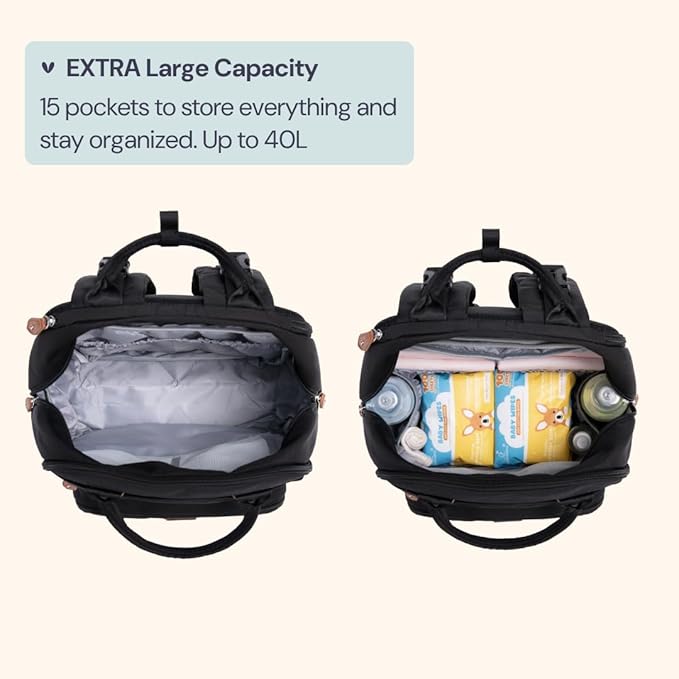 BabbleRoo Extra Large Diaper Bag Backpack, Expandable Baby Bag with Up to 50% More Capacity - Travel Essentials Baby Bag Tote with Changing Pad, Stroller Straps & Pacifier Case - Unisex, Black-CubbioJoy