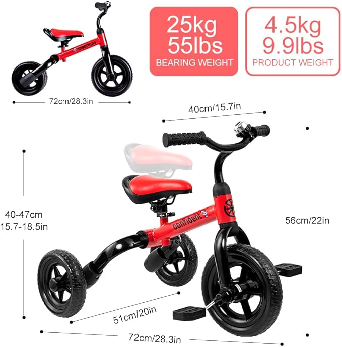 Ancaixin 3 in 1 Toddler Tricycles for 2-5 Years Old Boys and Girls with Detachable Pedal and Bell | Foldable Baby Balance Bike Riding Toys for Kids | Infant Birthday New Year Red-CubbioJoy