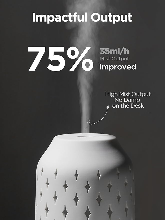 InnoGear Aromatherapy Diffuser, 150ml Ceramic Diffuser Ultrasonic Humidifier Cool Mist Essential Oil Diffusers for Home Air Diffuser with 2 Mist Modes Waterless Auto Off, White-CubbioJoy