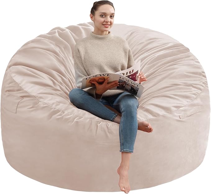 5FT Bean Bag Chair, Large Bean Bag Chairs with Memory Foam Filled, Fluffy Beanbag Sofa with Dutch Velvet Cover, Round BeanBag Chairs for Living Room, Playroom - Beige-CubbioJoy