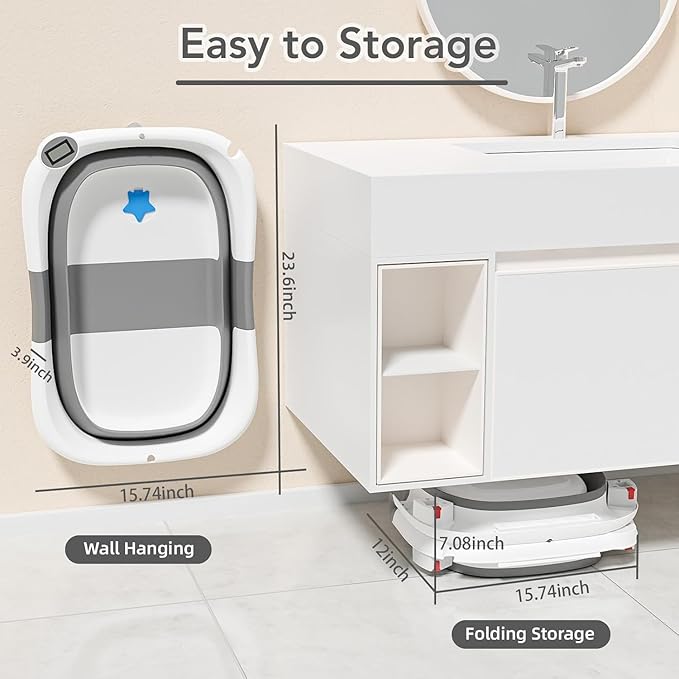 Collapsible Baby Bathtub,Baby Bath Tub with Soft Cushion & Thermometer,Baby Bathtub Newborn to Toddler 0-36 Months,Portable Travel Baby Tub-CubbioJoy