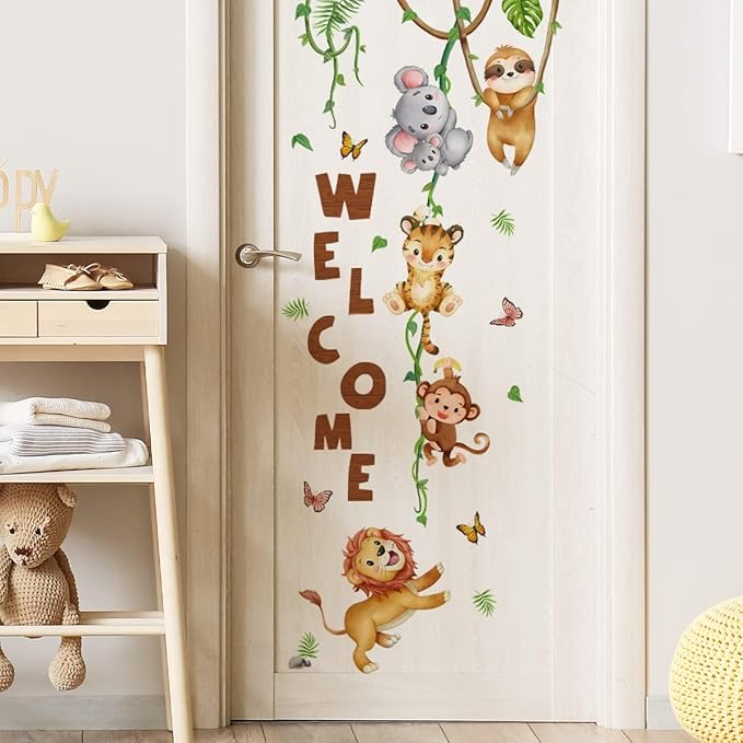 clothmile Watercolor Jungle Animal Wall Decals Welcome Animal Wall Sticker Lion Monkey Koala Wall Decals for Kids Baby Nursery Playroom Bedroom Classroom Kindergarten Wall Decor-CubbioJoy