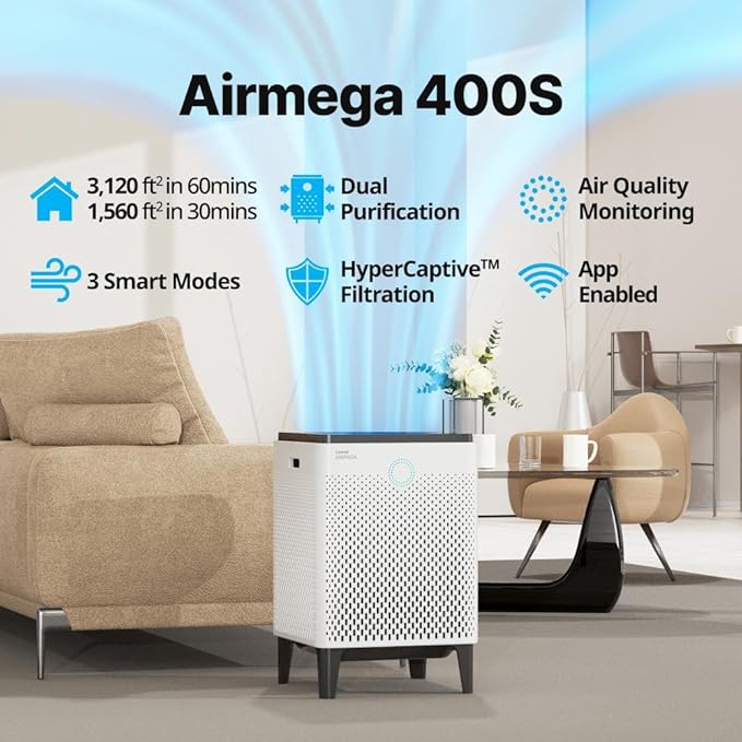 Coway Airmega 400S App-Enabled Smart Air Purifier (Covers 1,560 sq. ft.), True HEPA Air Purifier with Smart Technology, Compatible with Amazon Alexa and Google Home, White (111012)-CubbioJoy