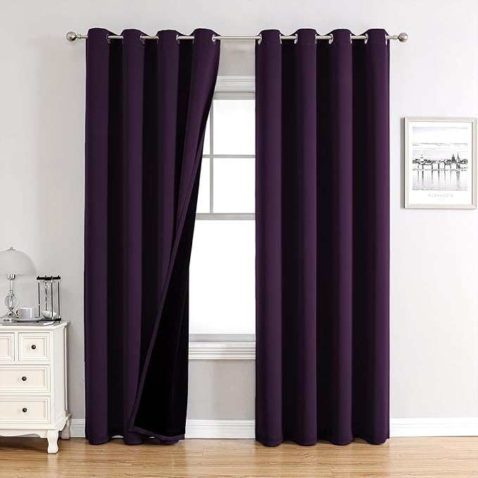 ChrisDowa 100% Blackout Curtains 90 inch Long for Bedroom with Black Liner, 2 Thick Layers Total Blackout Thermal Insulated Grommet Long Window Curtains 2 Panels Set (Royal Purple, 52 x 90 Inch)-CubbioJoy