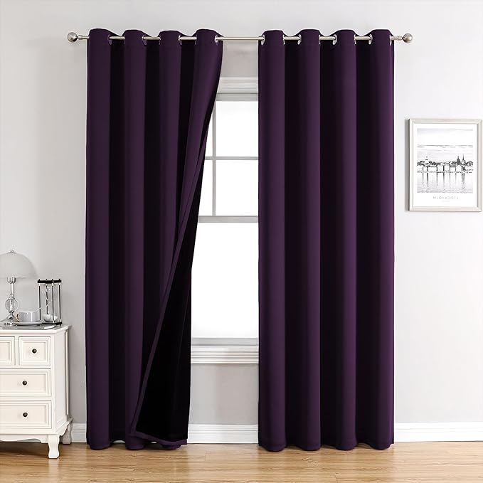 ChrisDowa 100% Blackout Curtains for Bedroom with Black Liner, 2 Thick Layers Total Blackout Thermal Insulated Grommet Long Window Curtains 2 Panels Set (Royal Purple, 52 x 95 Inch)-CubbioJoy