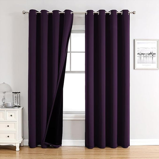 ChrisDowa 100% Blackout Curtains for Bedroom with Black Liner, 2 Thick Layers Total Blackout Thermal Insulated Grommet Long Window Curtains 2 Panels Set (Royal Purple, 52 x 95 Inch)-CubbioJoy