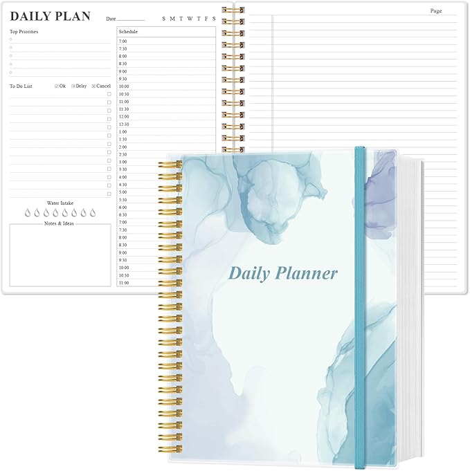 Daily Planner Undated - 8.5" x 11" To Do List Notebook Hourly Schedules, 150 Sheets/300 Pages Spiral Appointment Planner for Women and Men ,PVC Hardcover, Inner Pocket, Elastic Closure, Blue-CubbioJoy