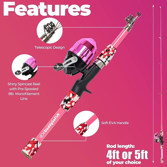 DaddyGoFish Kids Fishing Pole - Rod Reel Combo Tackle Box Starter Set - First Year Small Gear Kit for Boys Girls Toddler Youth Age Beginner Little Children-CubbioJoy